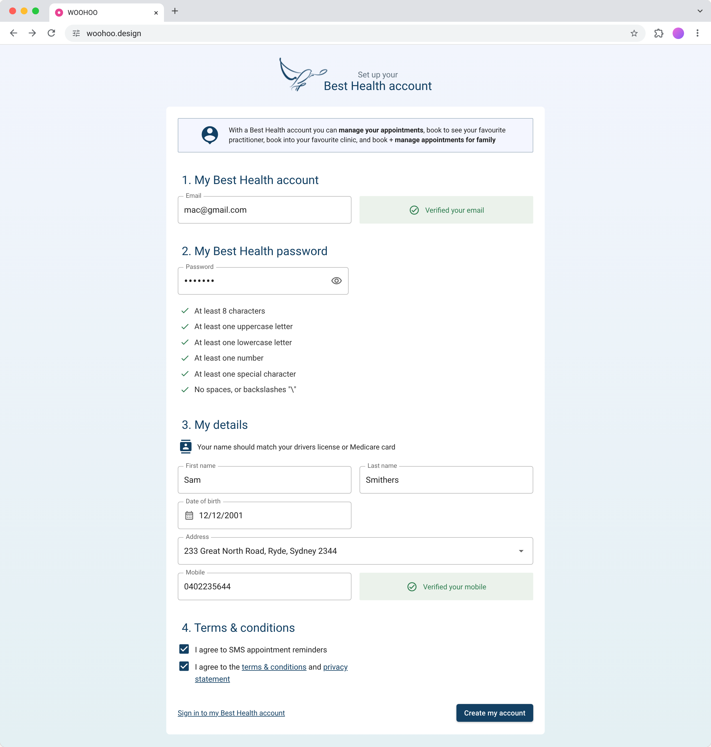The completed Best Health sign-up in a browser: email verified, password rules ticked, personal details, mobile verified and terms accepted, with a Create my account button