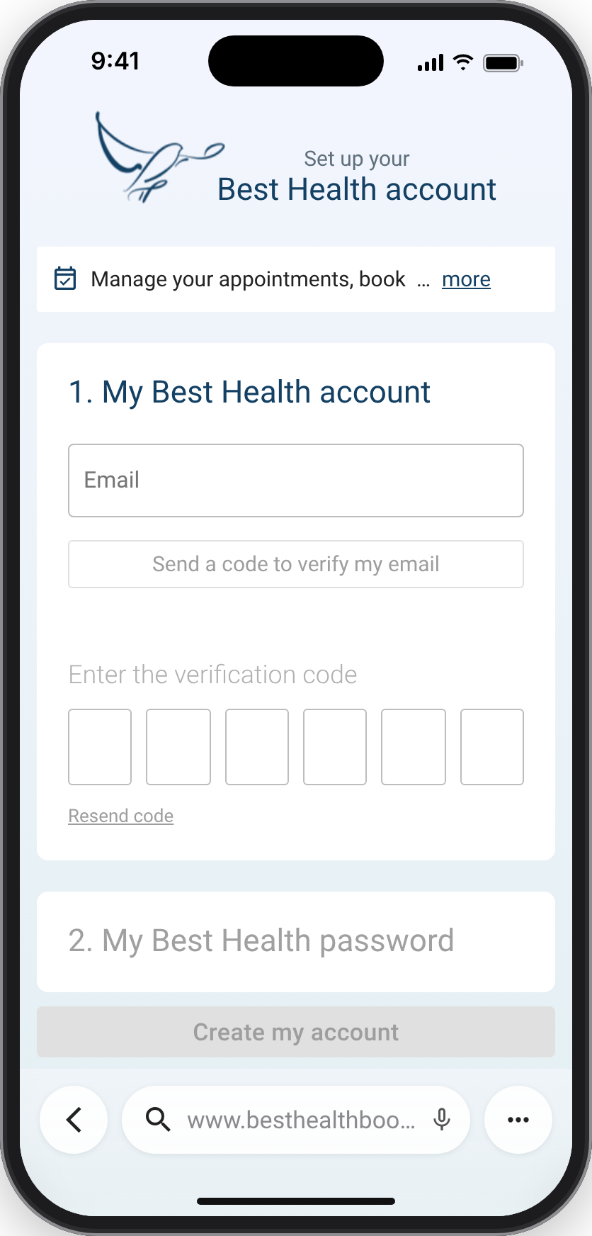The start of the new sign-up on a phone, with only the first section open