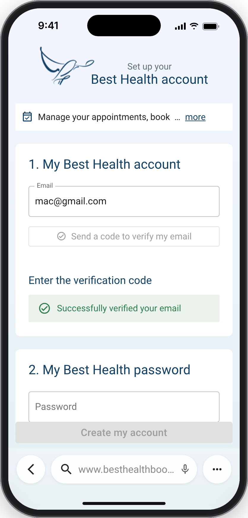 The sign-up on a phone with the email verified and the password section next