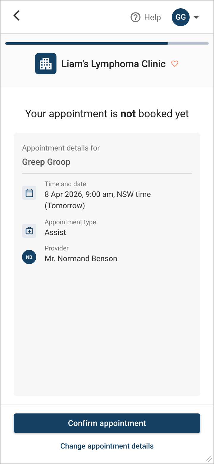 Old screen with a small 'Your appointment is not booked yet' line above the details and buttons at the bottom