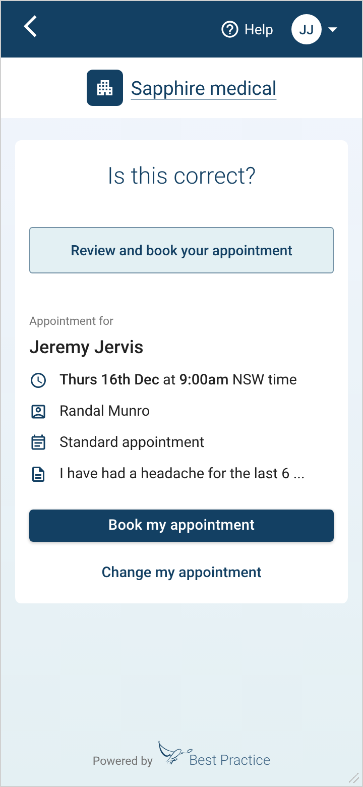 New 'Is this correct?' screen with a 'Review and book your appointment' panel and the Book button next to the details