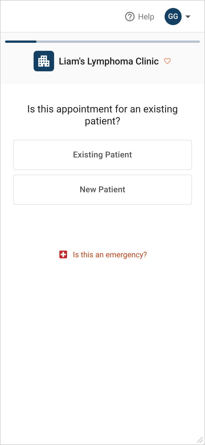 Old booking screen asking 'Is this appointment for an existing patient?' with Existing Patient and New Patient buttons