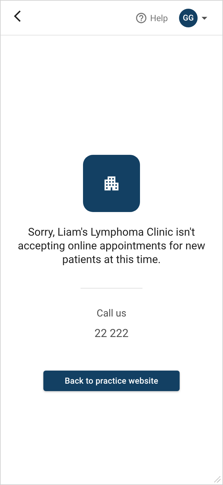 Old second screen: 'Sorry, Liam's Lymphoma Clinic isn't accepting online appointments for new patients at this time'