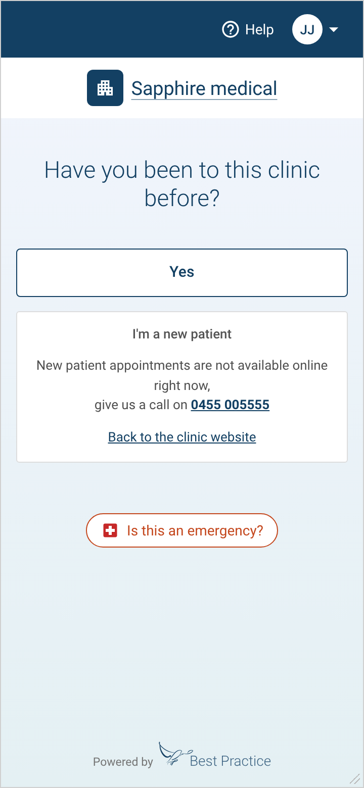 New screen asking 'Have you been to this clinic before?' with a new-patient panel giving the clinic's phone number