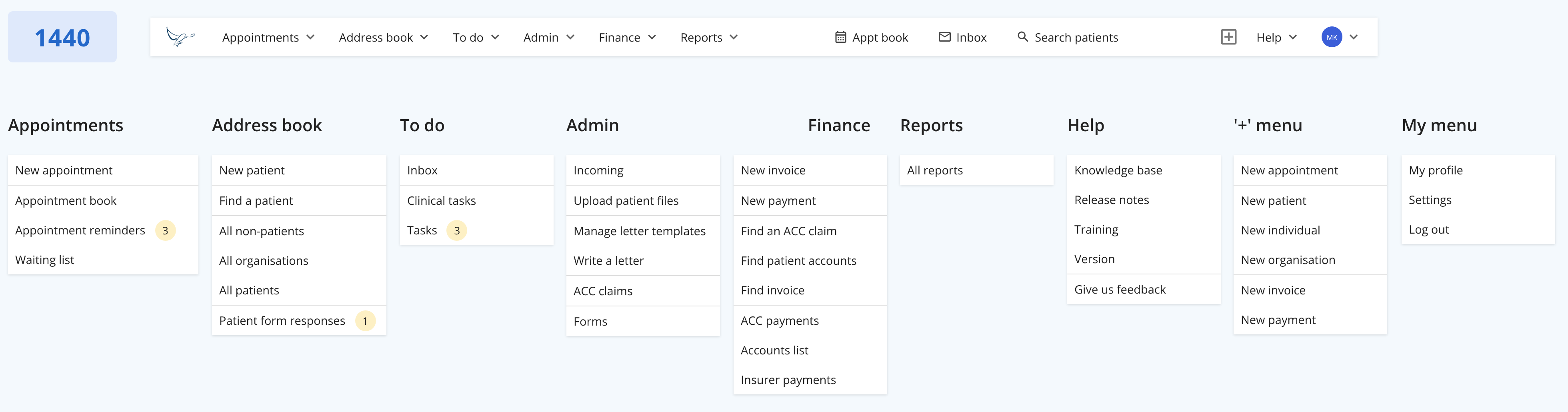 The product's top navigation and the items in each of its menus: Appointments, Address book, To do, Admin, Finance, Reports, Help, the plus menu and My menu