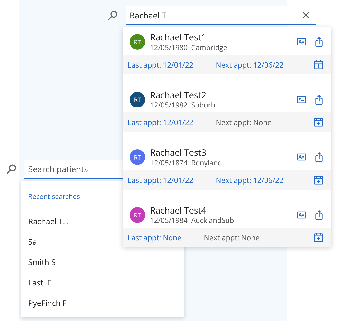 Patient search showing recent searches, and results with last and next appointments and quick actions