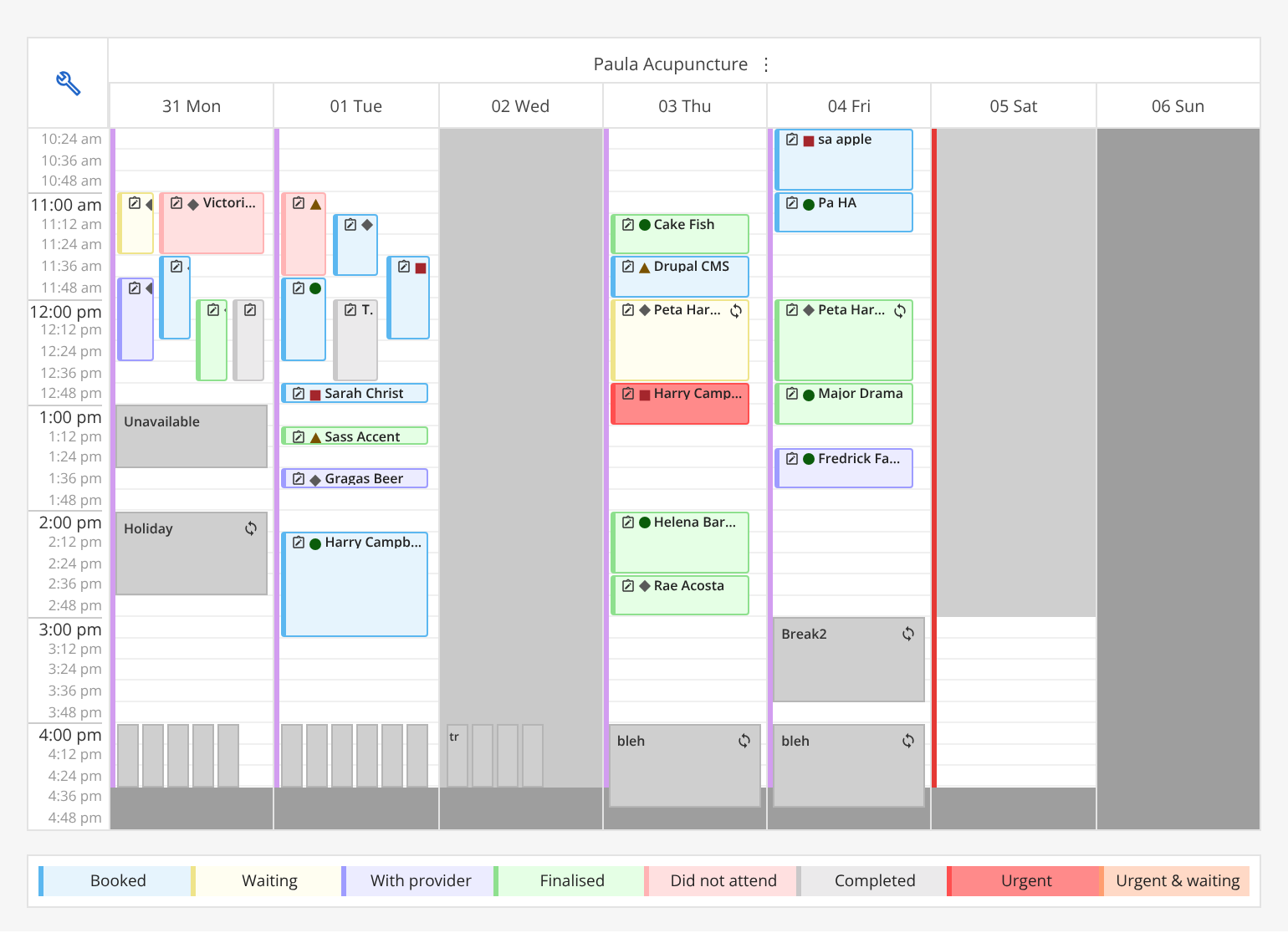 A week of the appointment book with the new SMS reply icons on the appointment tiles
