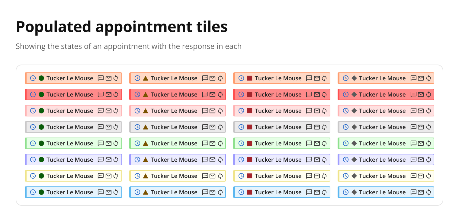 Appointment tiles in every status colour, each showing the four new SMS reply icons