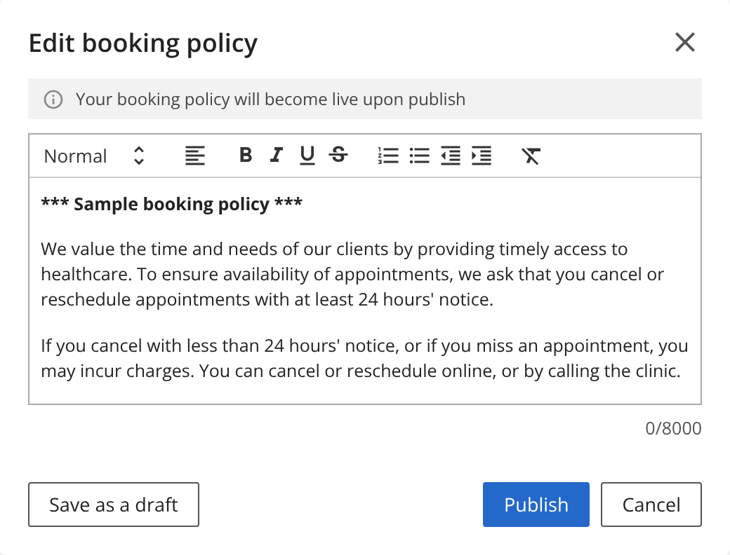 The Edit booking policy dialog: a rich-text editor with Save as a draft, Publish and Cancel