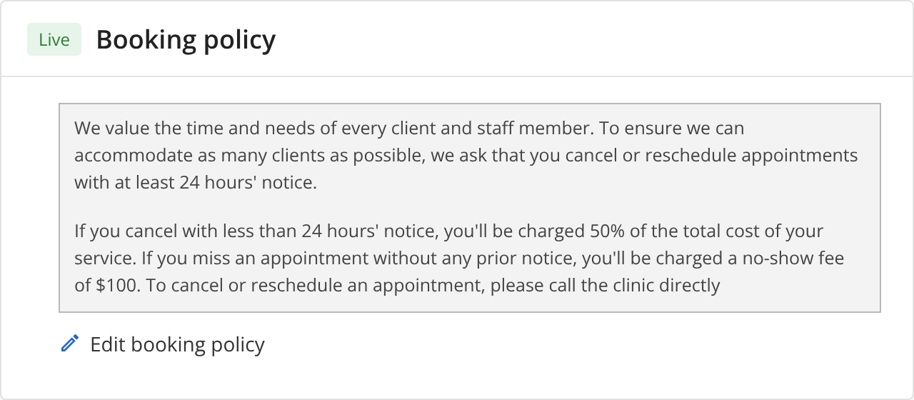 Booking policy settings marked Live, showing the clinic's policy and an Edit booking policy link