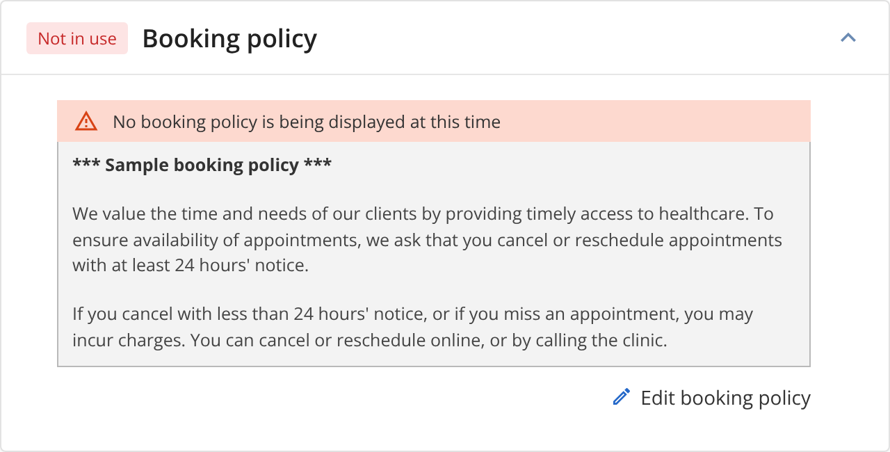 Booking policy settings marked Not in use, with a warning that no policy is displayed and the sample policy below