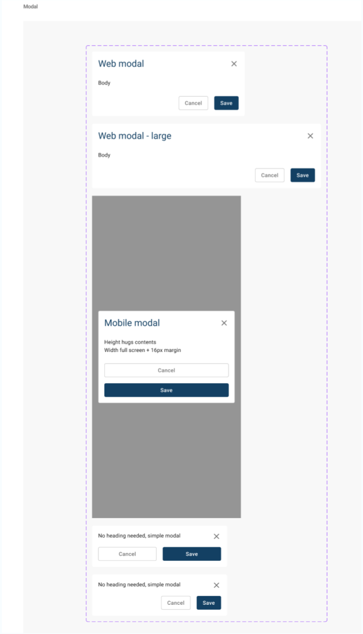 Web, large web, mobile and simple modal components on a Figma page